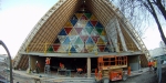 Transitional Cathedral in Latimer Square, Christchurch, nearing completion. The unusual construction features 98, 120-kilogram cardboard tubes.