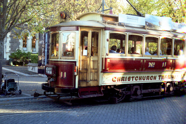 Tram, Worcester Boulevard Art Centre prior to the earhquakes, Christchurch, Canterbury, New Zealand. Photograph taken with Yashica Electro 35 on Fuji Superia 400 ASA film.