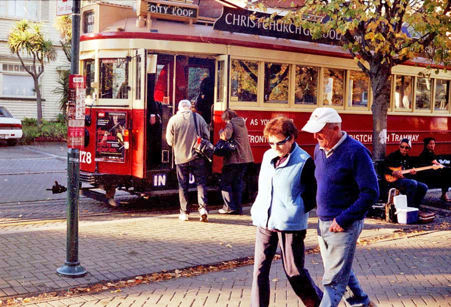 Tram, Worcester Boulevard Art Centre prior to the earhquakes, Christchurch, Canterbury, New Zealand. Photograph taken with Yashica Electro 35 on Fuji Superia 400 ASA film.
