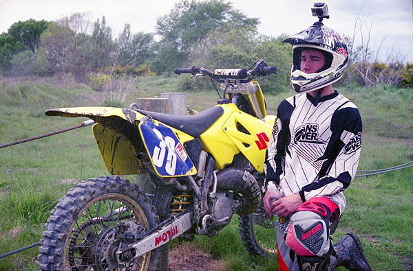 Mark and Suzuki RM 125 at Waimakariri River MotoCross tracks near Christchurch. Yashica Electro 35