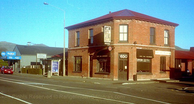 Konica Woolston shop, Christch, taken in bright winter sunshine with the Konica EE-Matic S.