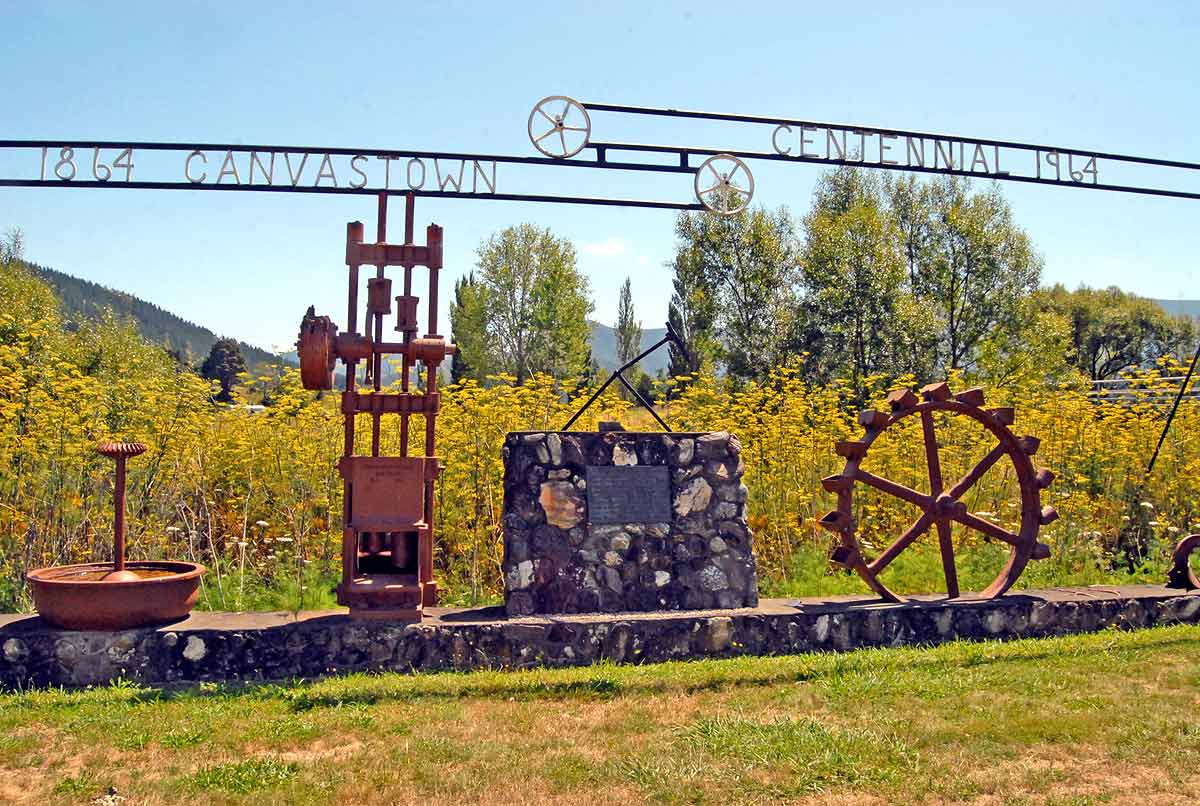 Relics from the Wakamarina Valley's gold mining era have been used to create a memorial across the road from the Trout Hotel at Canvastown.