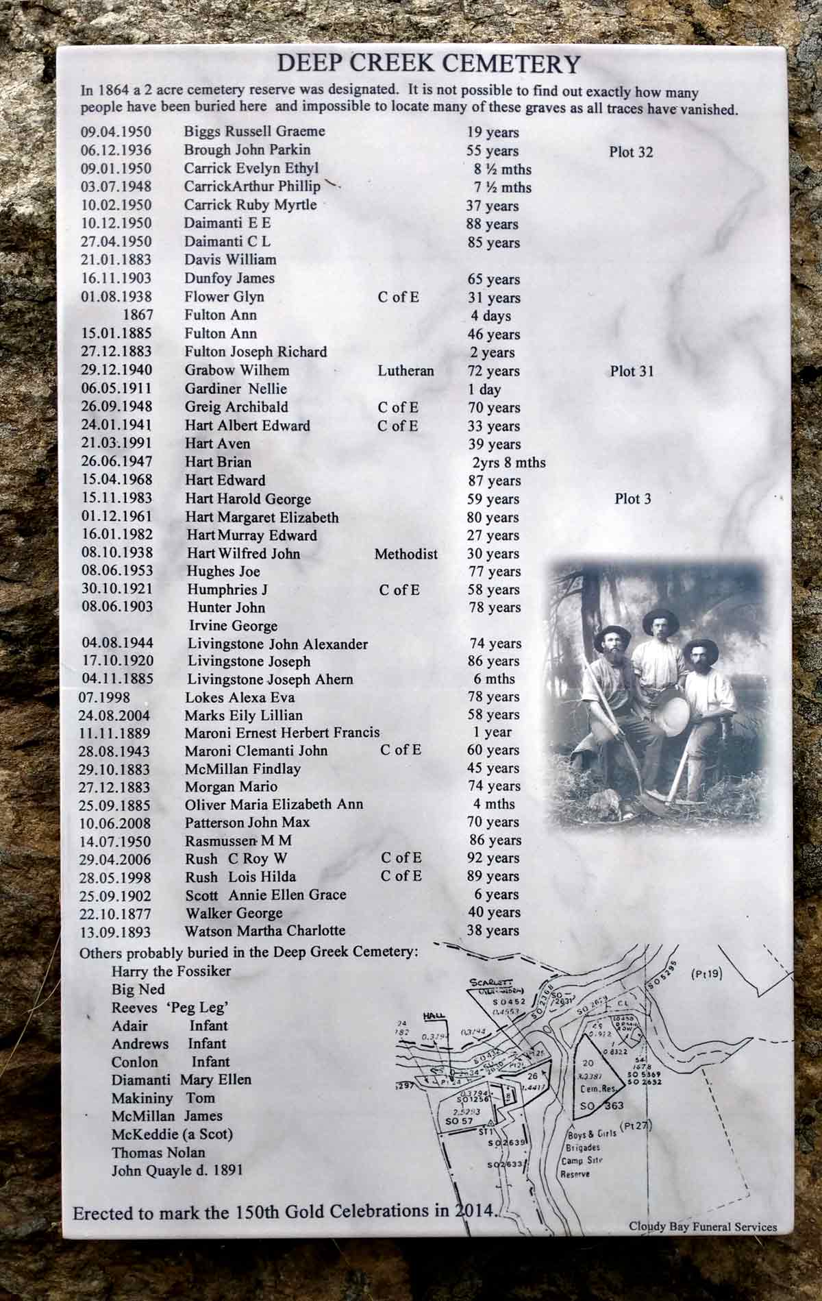 This sign was erected at the Deep Creek Cemetery to mark the 150th Gold Celebrations in 2014.
